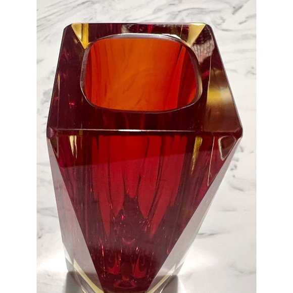 Murano Red Yellow Clear Sommerso Vase Triangular Multifaceted 6.25" H Signed - Picture 6 of 10